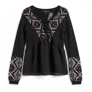 A & F Black Knit Wool Blend Lace Deep V Neck Full Long Sleeve Sweater Top S NEW